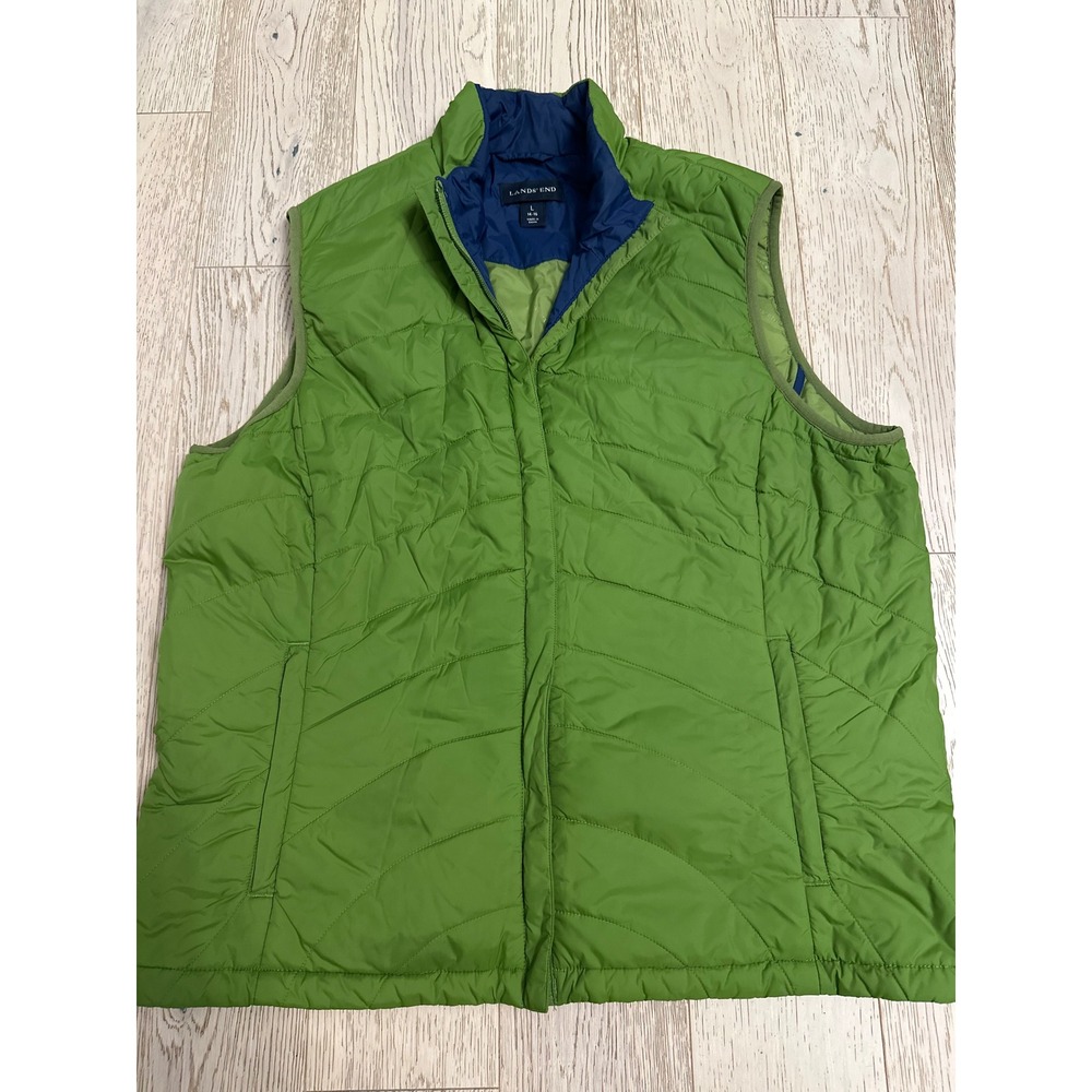 Lands' End Womens Quilted Puffer Vest Green Navy Blue Full Zip Size L 14-16
